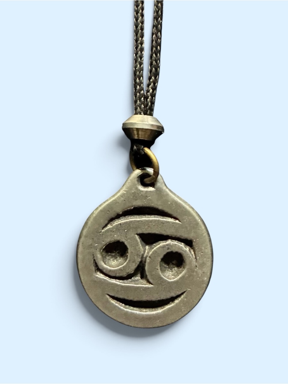 Vintage Pewter Cancer Zodiac Astrological Glyph Medallion Pendant Necklace 12"